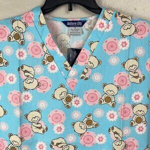 Uniform City Women's Blue Pink Teddy Bear Scrub Top Medium floral nursing NWT